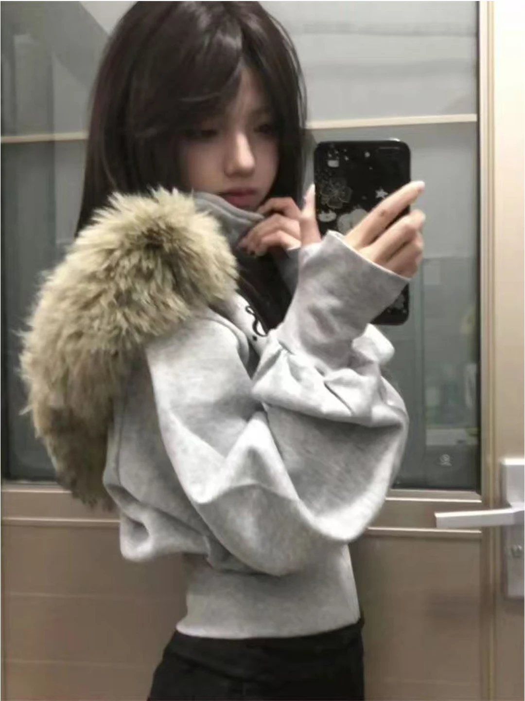 

Women's Fleece Lined Hooded Jacket with Waist Cinching Fur Collar Short Style American Design Autumn Winter Slimming Outerwear
