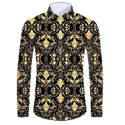 Athleisure High-end Luxury Gold Pattern 3D Printed Long Sleeve Button Down Shirt Men's Street Style Fashion Top Hip Hop Clothing
