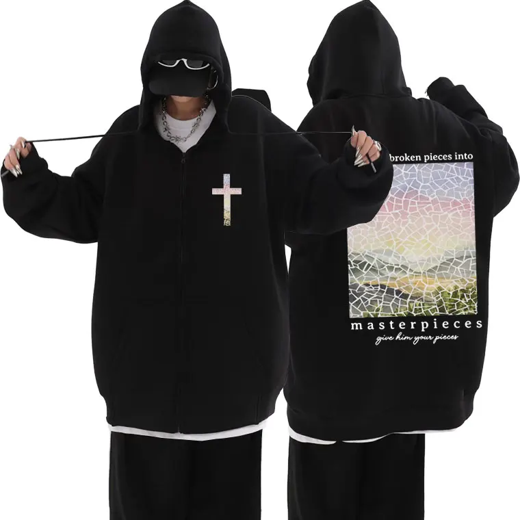 

Christian Jesus God Turns Beoken Pieces Into Masterpieces Bible Verse Zipper Hoodie Men Women Fashion Oversized Zip Up Jacket