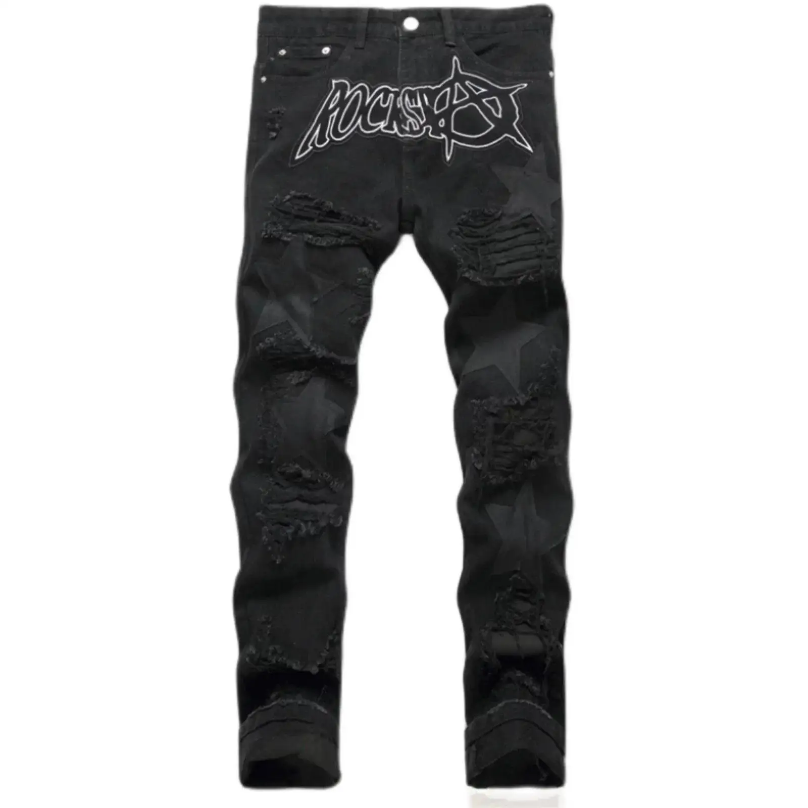 Punk Style Men's Slim Fit Straight Leg Denim Jeans Black Hole Patch Embroidery No Stretch Fashion Urban Casual Cotton Polyest...