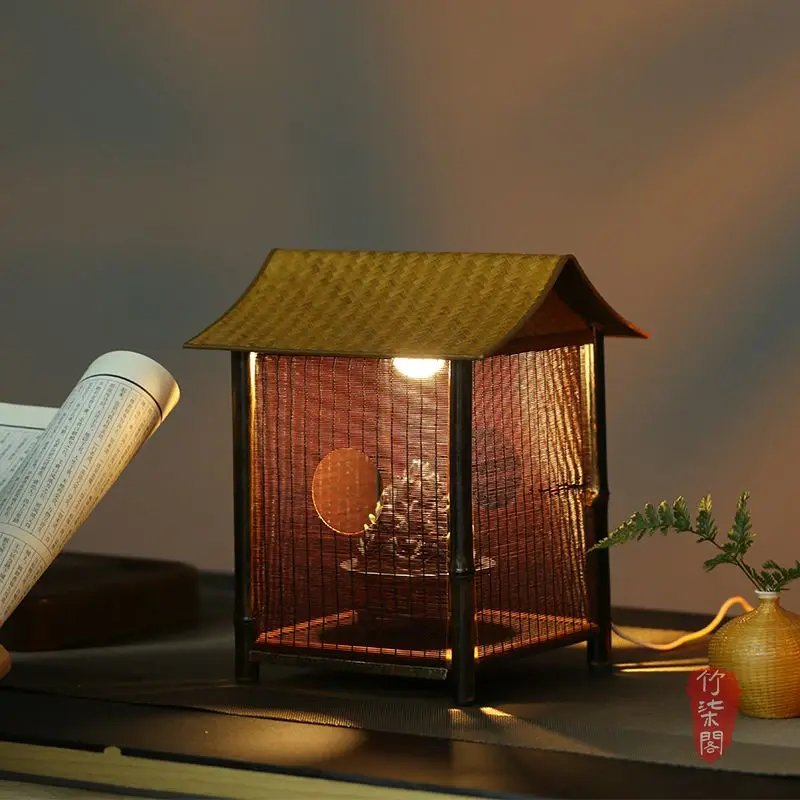 Handmade bamboo weaving purple bamboo lamp Chinese style table lamp, tea room Zen atmosphere lamp, tea table lamp, handicrafts