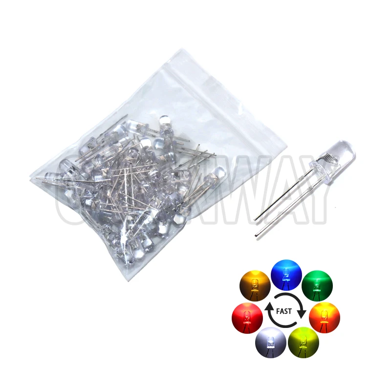50pcs 5mm 2 Pins Clear Round Lens Electronic Components Multicolor Slow/Fast Flashing LED Diode Blinking Light Emitting Diodes