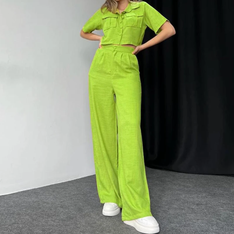 Y2k Crop Tank Top & Wide Leg Pants Set Vest Green 2024 Matching Sets Spring Vintage Boho High Waist Loose Work Suit Streetwear