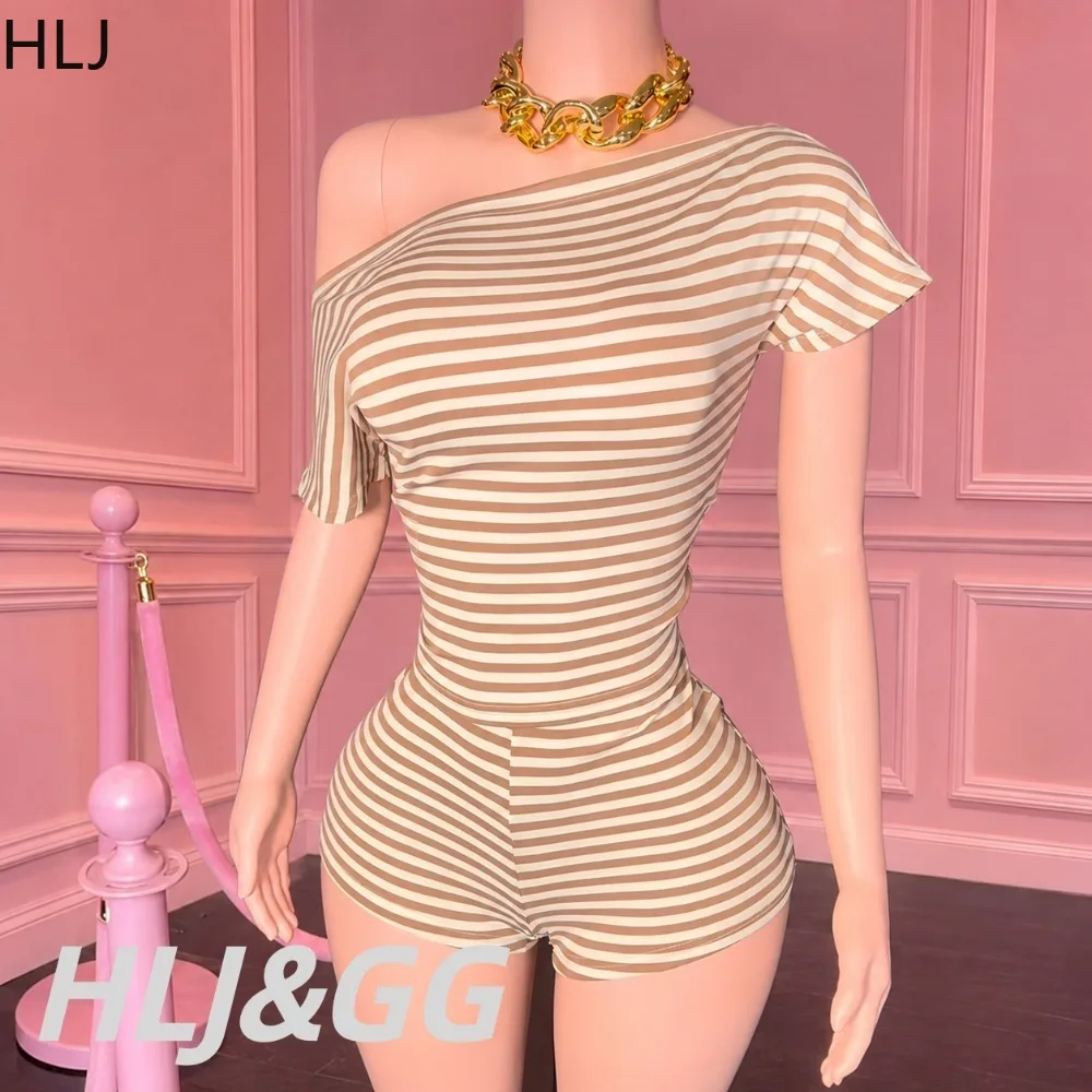 HLJ Women Striped 2 Piece Set Off Shouler Shirt Crop Top + Shorts Matching Streetwear Sets Y2k Two Piece Shorts Women's Clothing