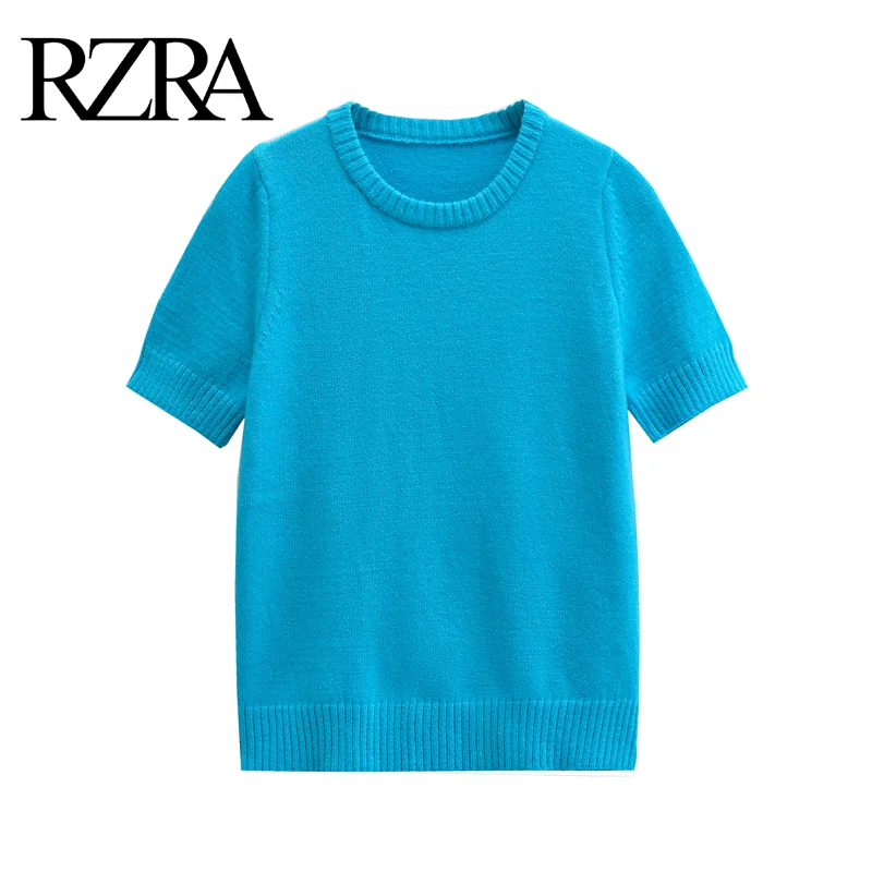 

RZRA original 2024 autumn new women's round neck short sleeve ribbed layered basic knitted pullover sweater