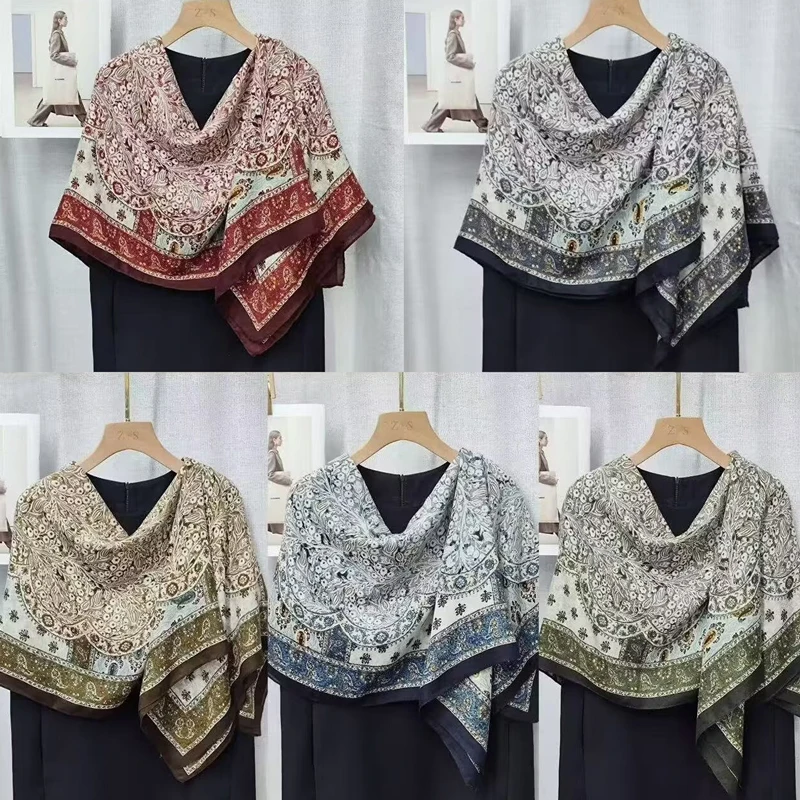 

New autumn cotton and linen floral printed pattern silk scarf, retro shawl, cashew flower versatile scarf, long scarf