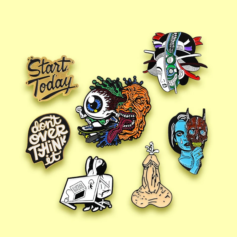 

angry Genitals Geisha Woman Eyeball Monsters Corpse Blue Alien Woman Start Today Letter Enamel pins Badge brosa Brooch Pin Girls