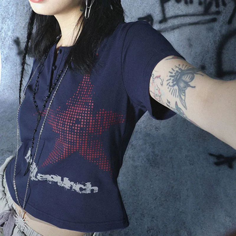 女性用ボタンダウンスタープリントTシャツ,半袖タンクトップ,ショートトップ,カジュアルウェア,夏のストリートウェア,ファッション