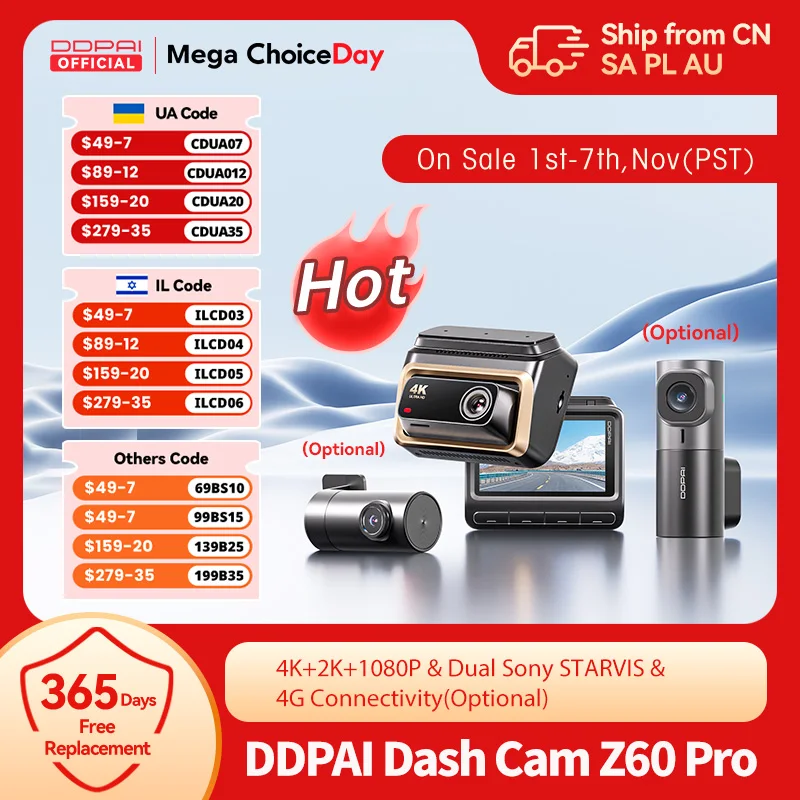 DDPAI 4K Dash Cam Z60 Pro Support Rear and Interior Car Camera SONY STARVIS2 Sensor 24h Parking 5GHz Wi-Fi ADAS GPS 4G Car DVR