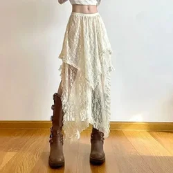Lace Asymmetrical Skirt Women Vintage Y2K Boho Aesthetic Fashion High Waist Mid Skirts Summer Ladies Holiday Outfits All-match