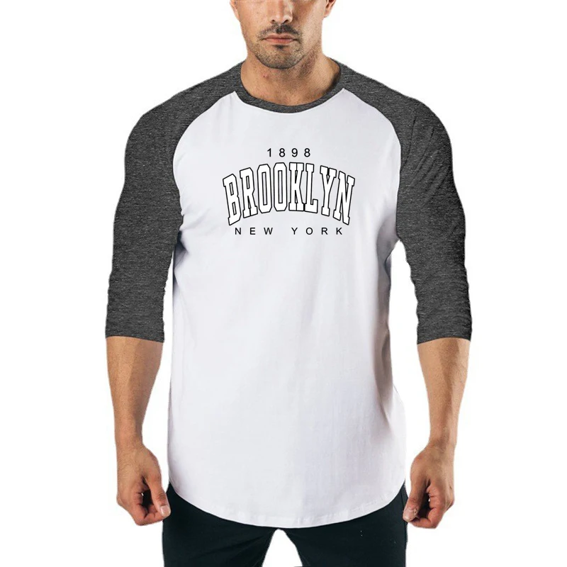 1898 Brooklyn New York City Printed Tops Cotton Slim Fit Three Quarter Sleeve T-Shirt Gym Fitness Bodybuilding Men\'s Sport Shirt