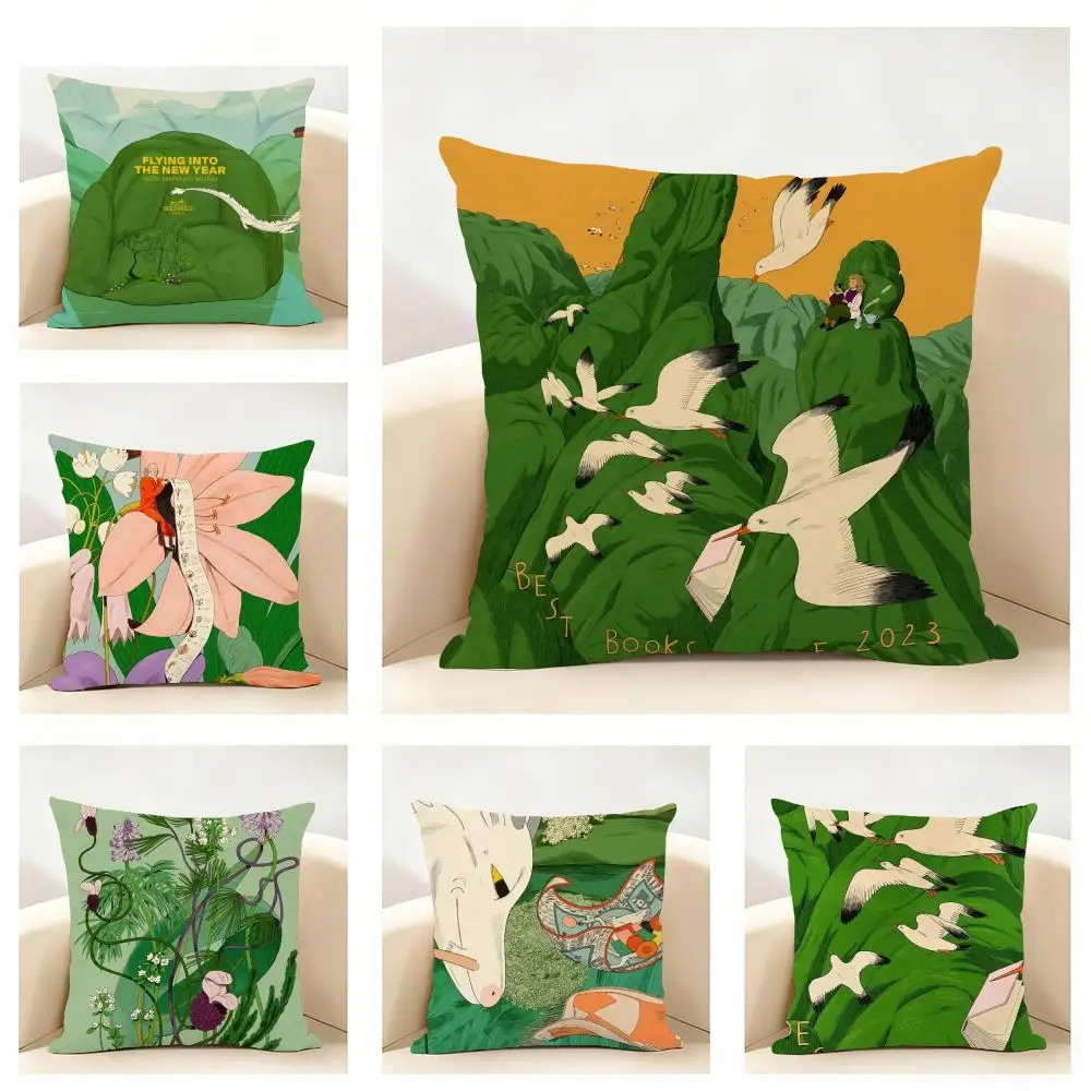 Green Flower World Cushion Cover Linen Pillowcase Soft  for Sofa Bed Home Room Decor