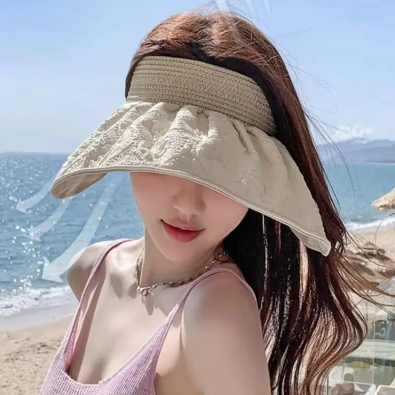 Black Visor Sun Hat - Large Wide Brim UV Protection Cap with Removable Headband, Summer Beach Vacation Essential for Women