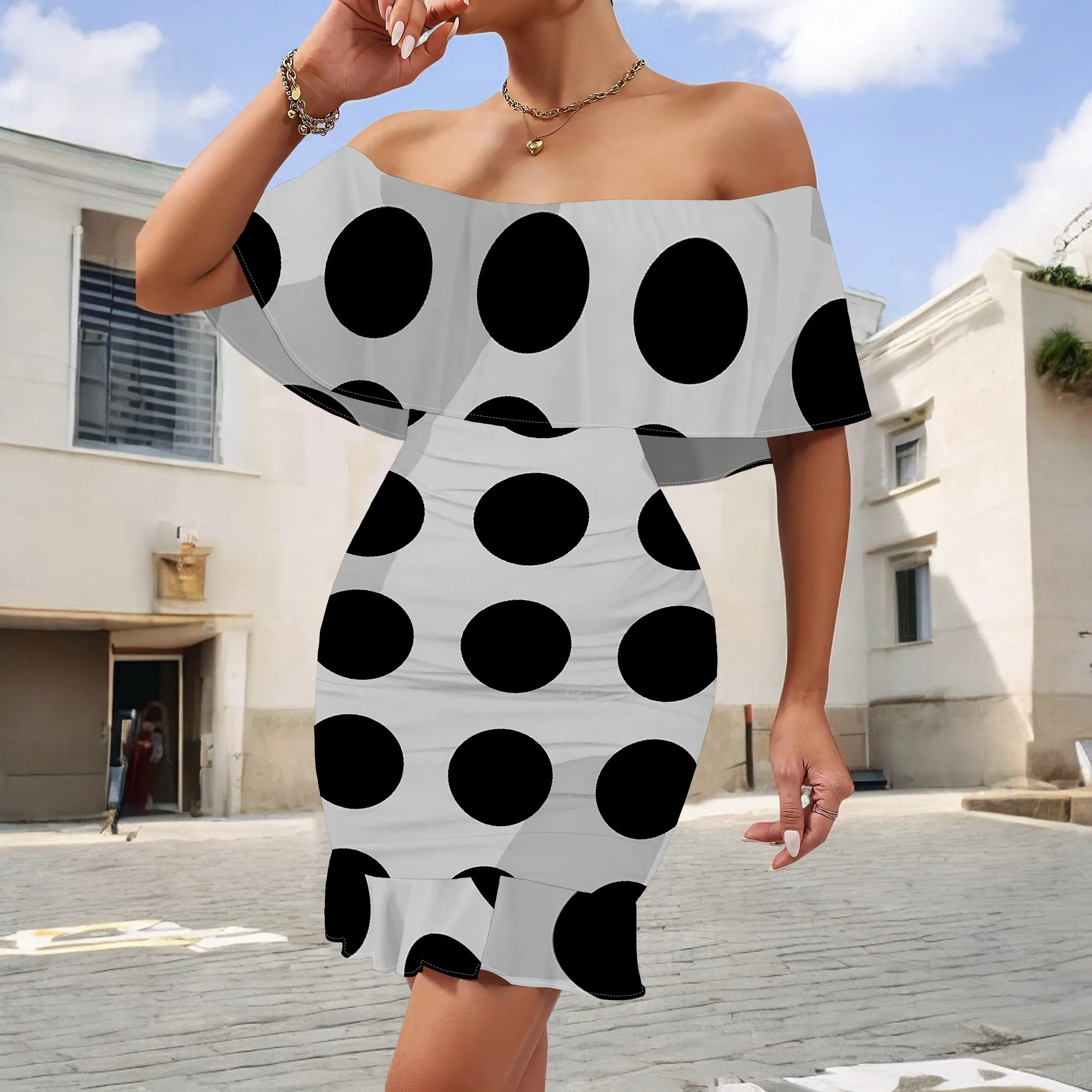 

Women's Polka Dot Mini Dress S-3XL | Off Shoulder Ruffle Bodycon Sundress | Ruched Summer Club Party Casual Wear