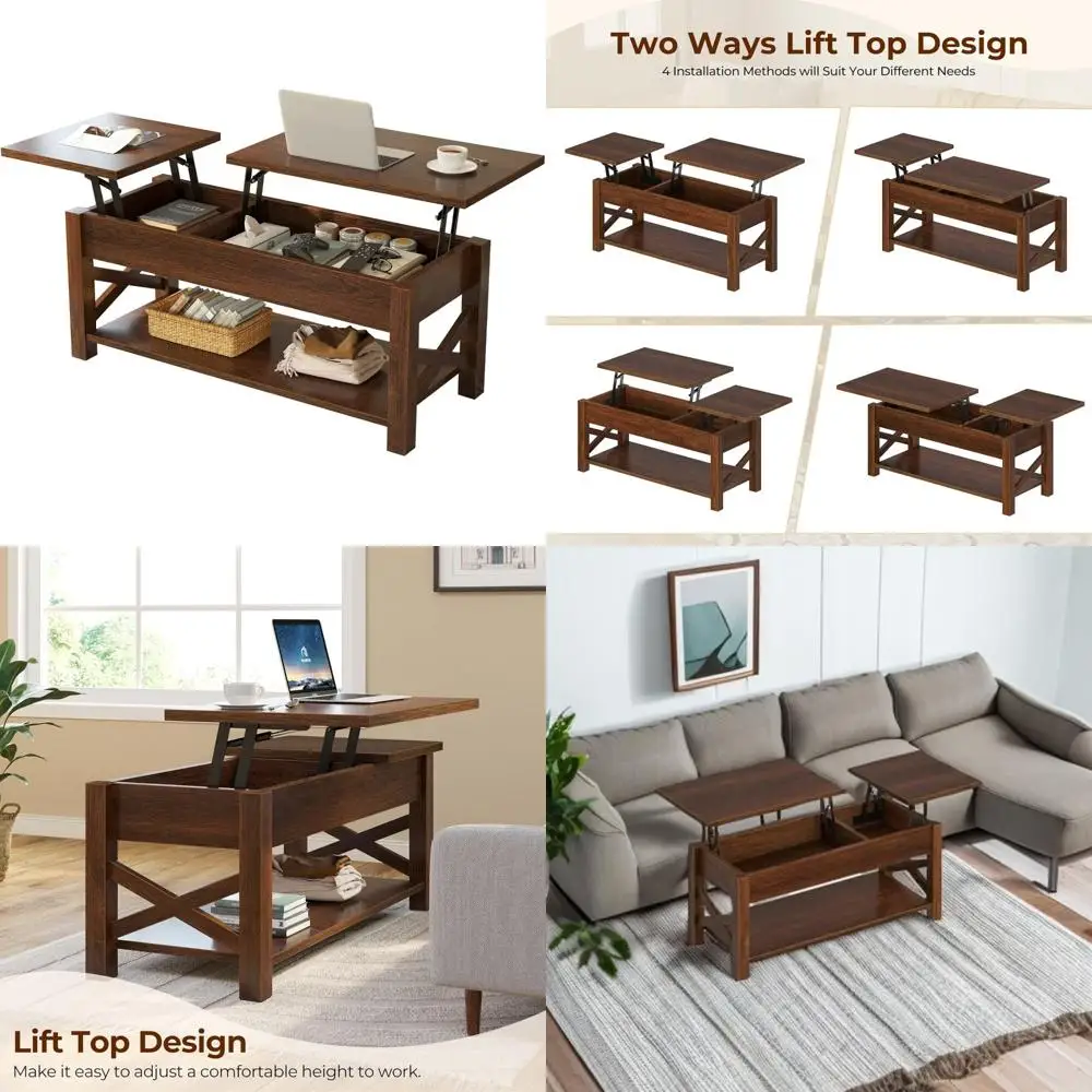 

47,2 Двусторонний журнальный столик с подъемной столешницей со скрытым хранилищем и деревянной опорой, открытая полка