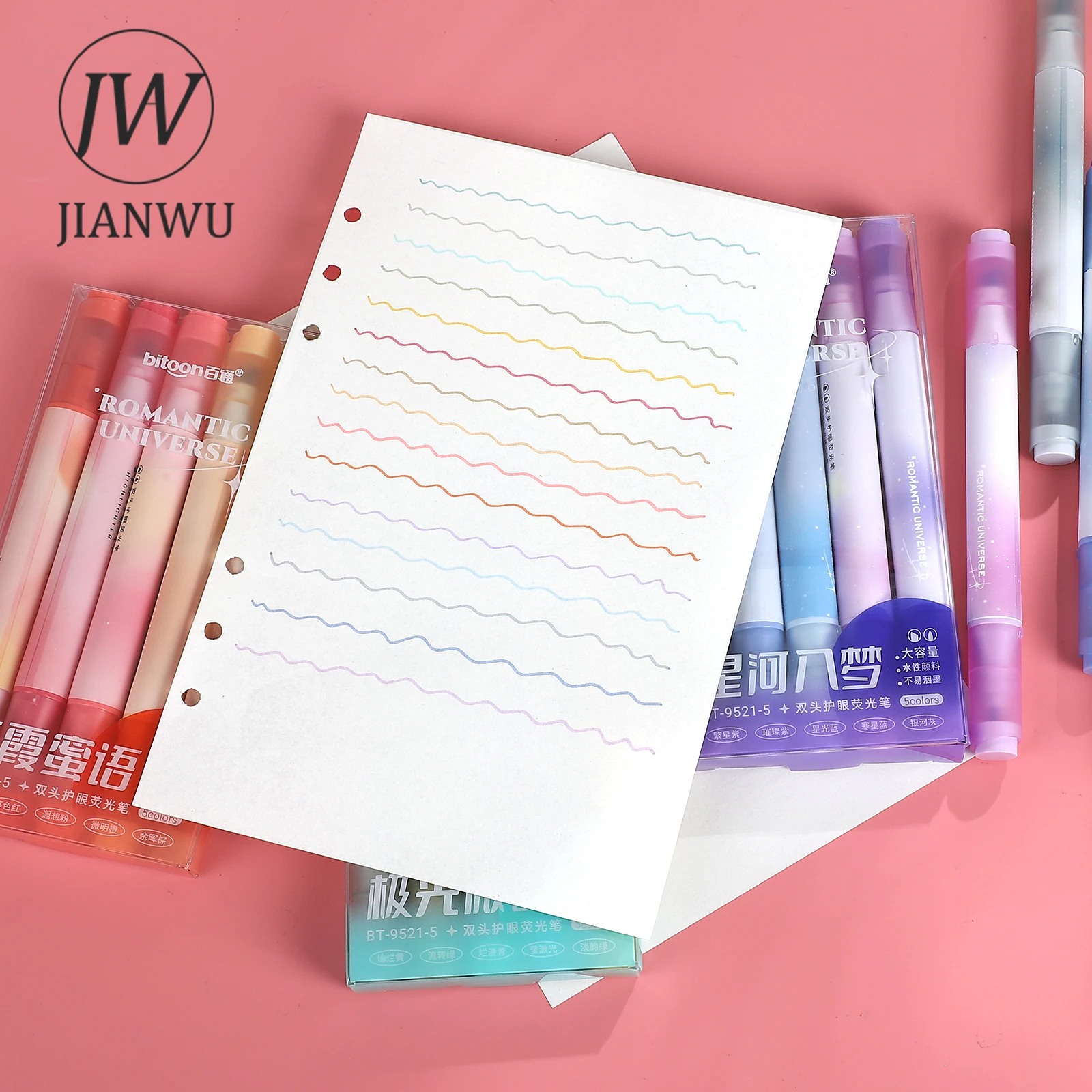 JIANWU 5 Pcs/set Colorful Double-ended Eye Protection Highlighter Set Write Smoothly Creative DIY Student Supplies Stationery