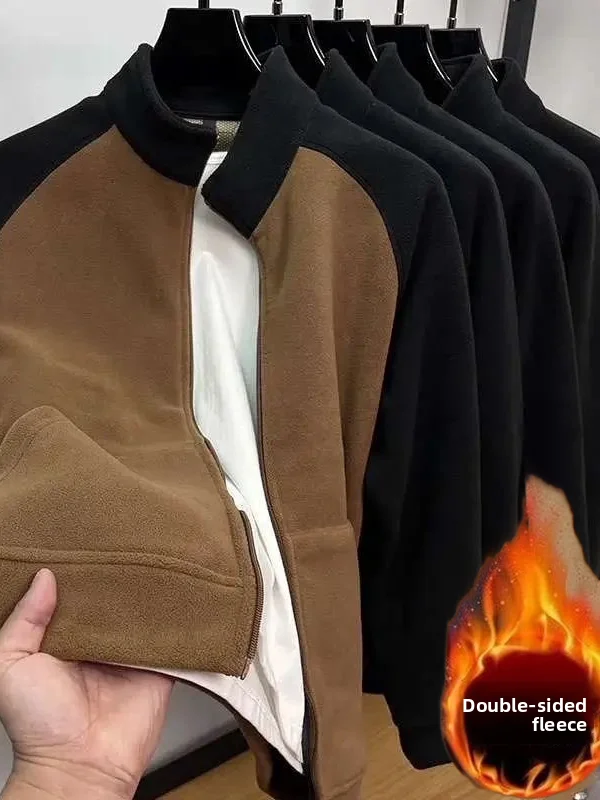 Thickened Double-sided Fleece Hoodie Men's Autumn Winter Warm Outerwear Stand Collar Jacket Color Block Outdoor Clothing