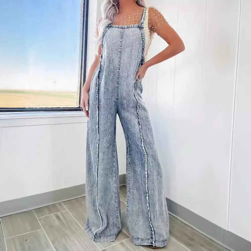 Women's Jumpsuits 2024 New Arrival Loose Overalls for Women European and American Retro Washed Raw Edge Wide Leg Jumpsuit