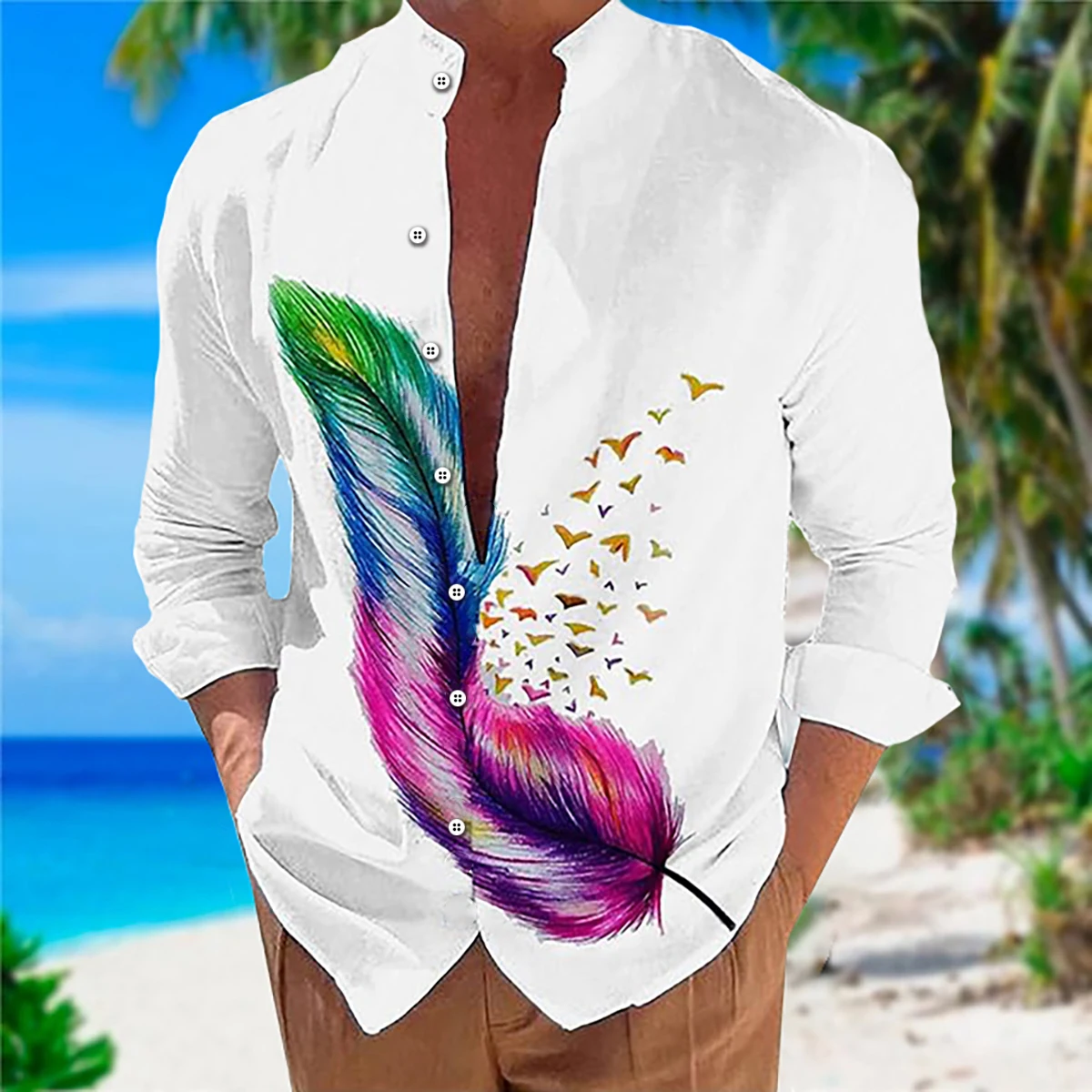 Camicia a maniche lunghe con colletto alla coreana da uomo estivo Bottoni con stampa di piume colorate Top per vacanze al mare Abbigliamento da uomo musulmano digitale allentato