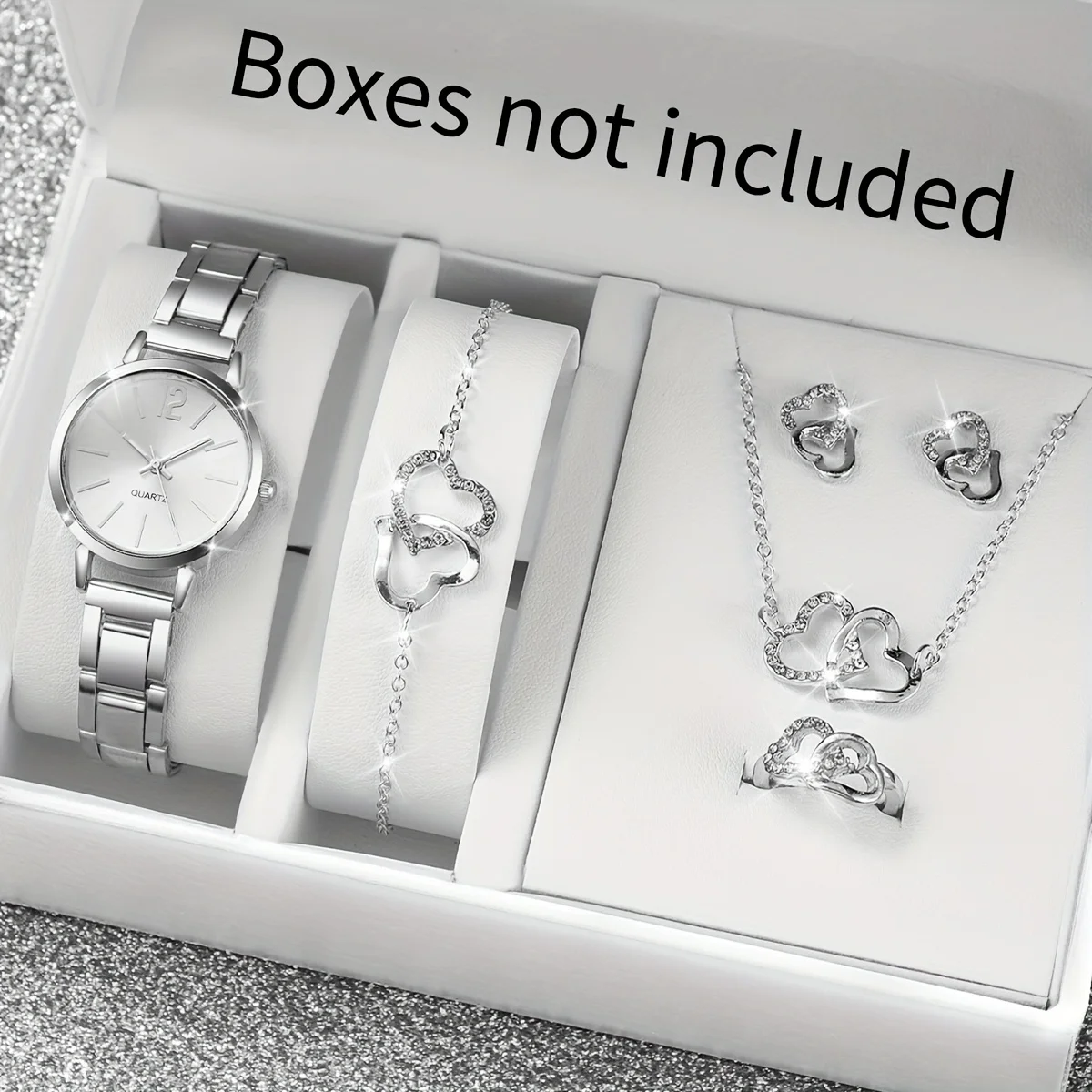 

Stylish Women's Quartz Watch & Heart Rhinestone 6-Piece Jewelry Set - The Perfect Casual or Valentine's Gift for Her