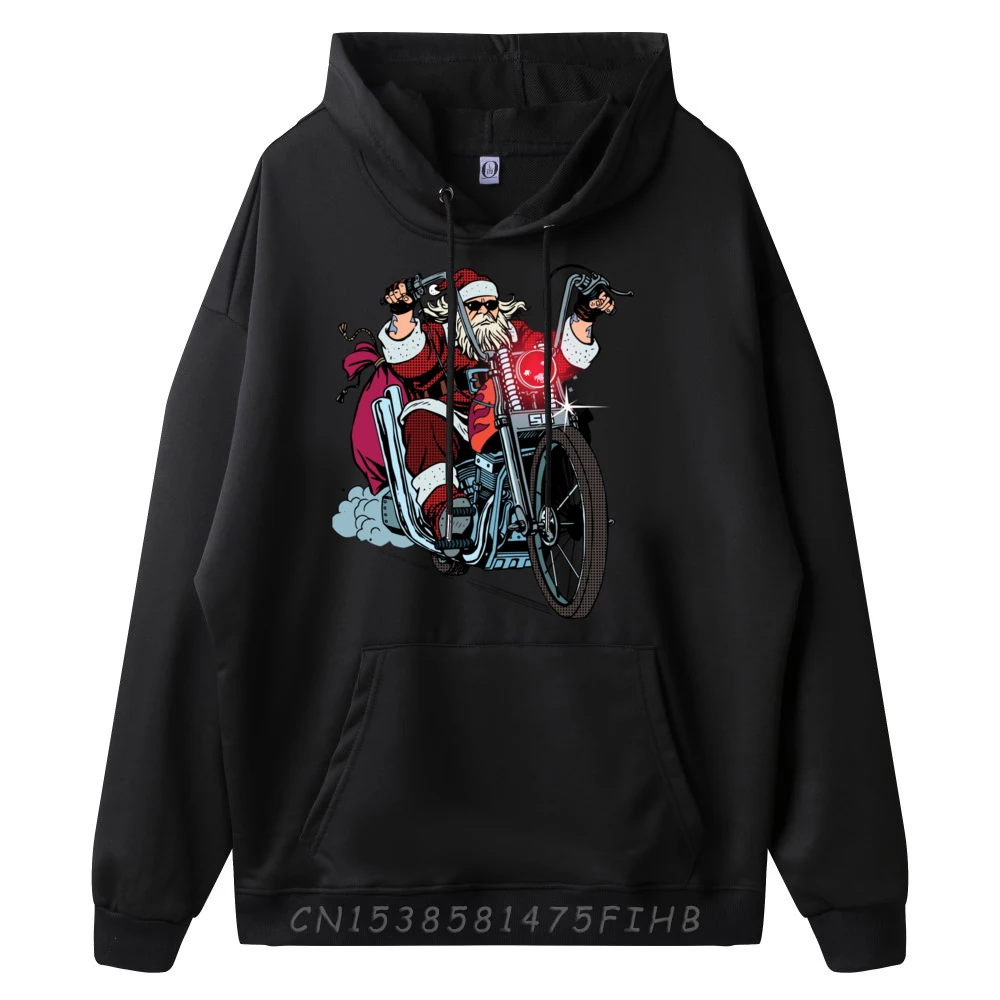 Badass Biker Santa on Motorcycle graphic Brand Hoodies Fashionable and trendy Meme Sweater Vintage