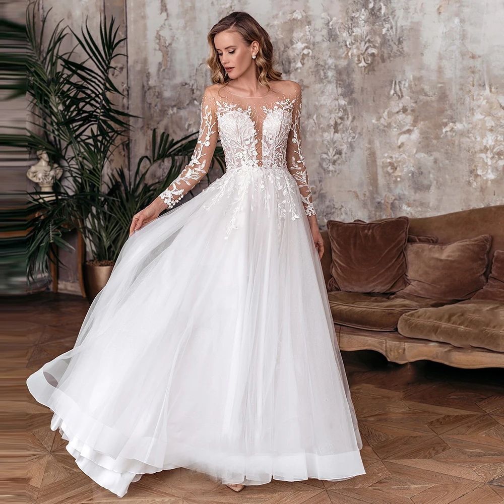 Sexy Deep-V Women Wedding Dresses Pretty Tulle Bridal Gowns Elegant A-Line Mopping Length Lace Printing Robes Vestidos De Novia