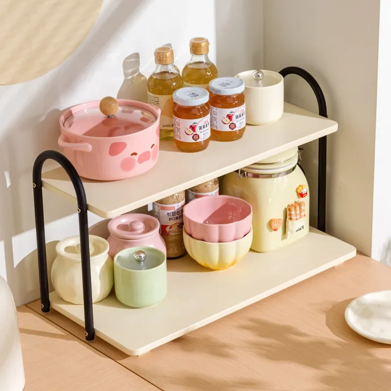 Light luxury cream style double-layer kitchen seasoning rack rack household seasoning salt tank multi-functional multi-layer