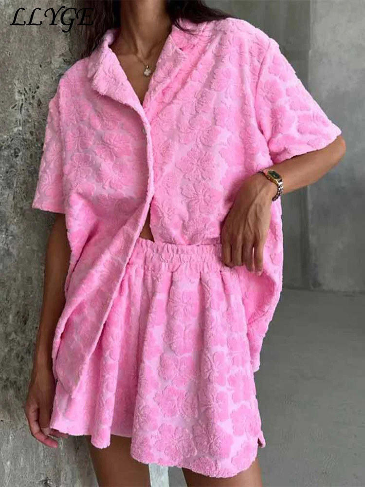 Casual 3d Flower Shirt Shorts Sets Women Pink Lapel Buttons Blouse Elastic Wide Leg Short Pants 2025 Summer Lady Vacation Outfit