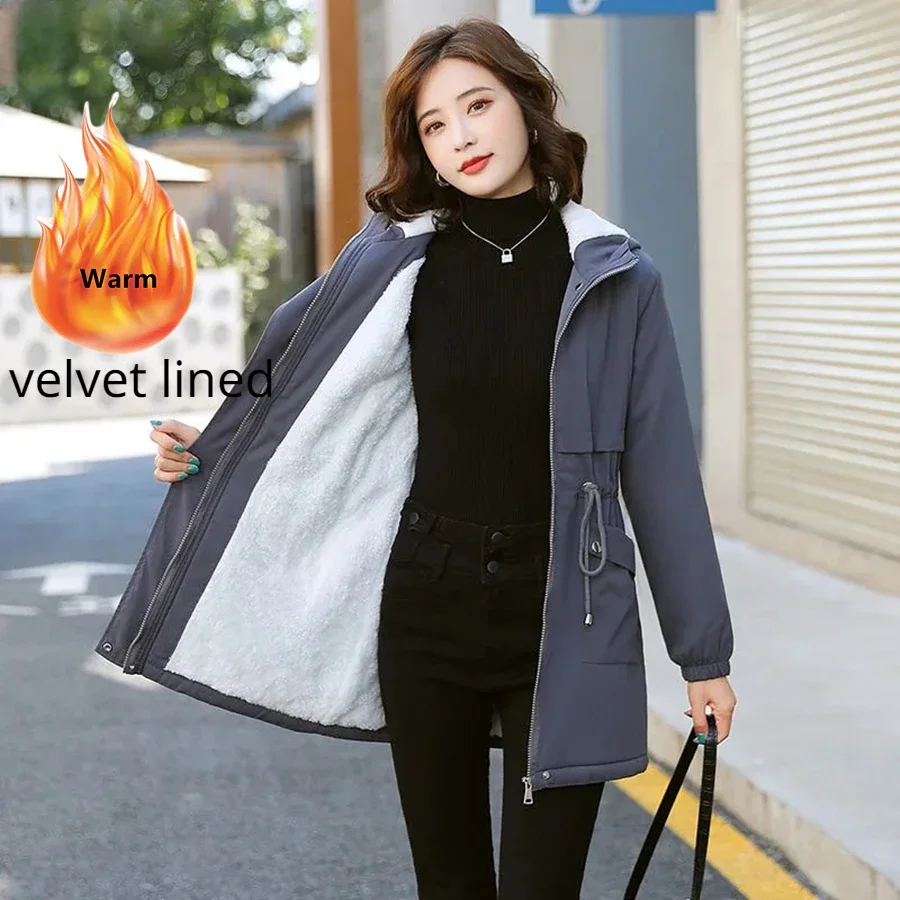 Winter Mid-length Hooded Fleece Lined Coat Women Warm Parka Thicken Outwear Casual Loose Jackets Trenchcoat Snowwear Windbreaker