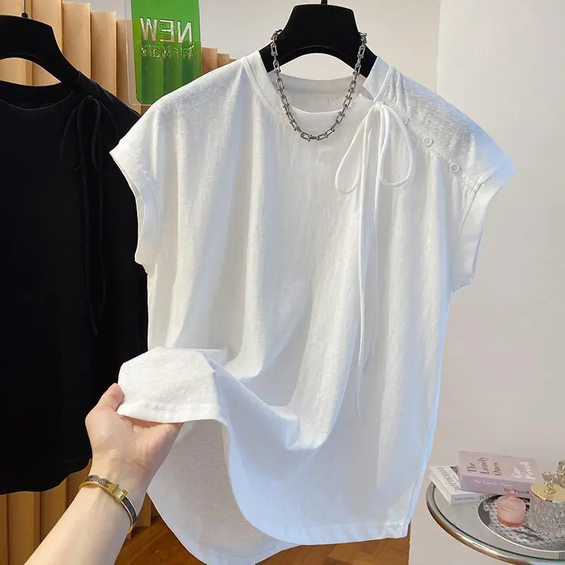 Korean Solid Oversized Ladies Tops Summer Loose Sleeveless Pullovers Women\'s Clothing 2024 New All-match Irregular T-Shirts