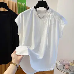 Korean Solid Oversized Ladies Tops Summer Loose Sleeveless Pullovers Women's Clothing 2024 New All-match Irregular T-Shirts