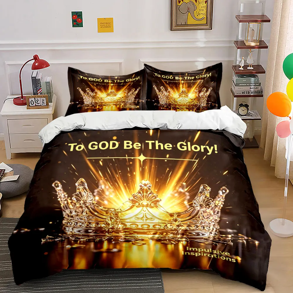 Christian Crystal Crown Glory To God Bedding Set,Golden Light Sparkle Broken Crystal Crown Verse Print Religious 3PC, Home Decor