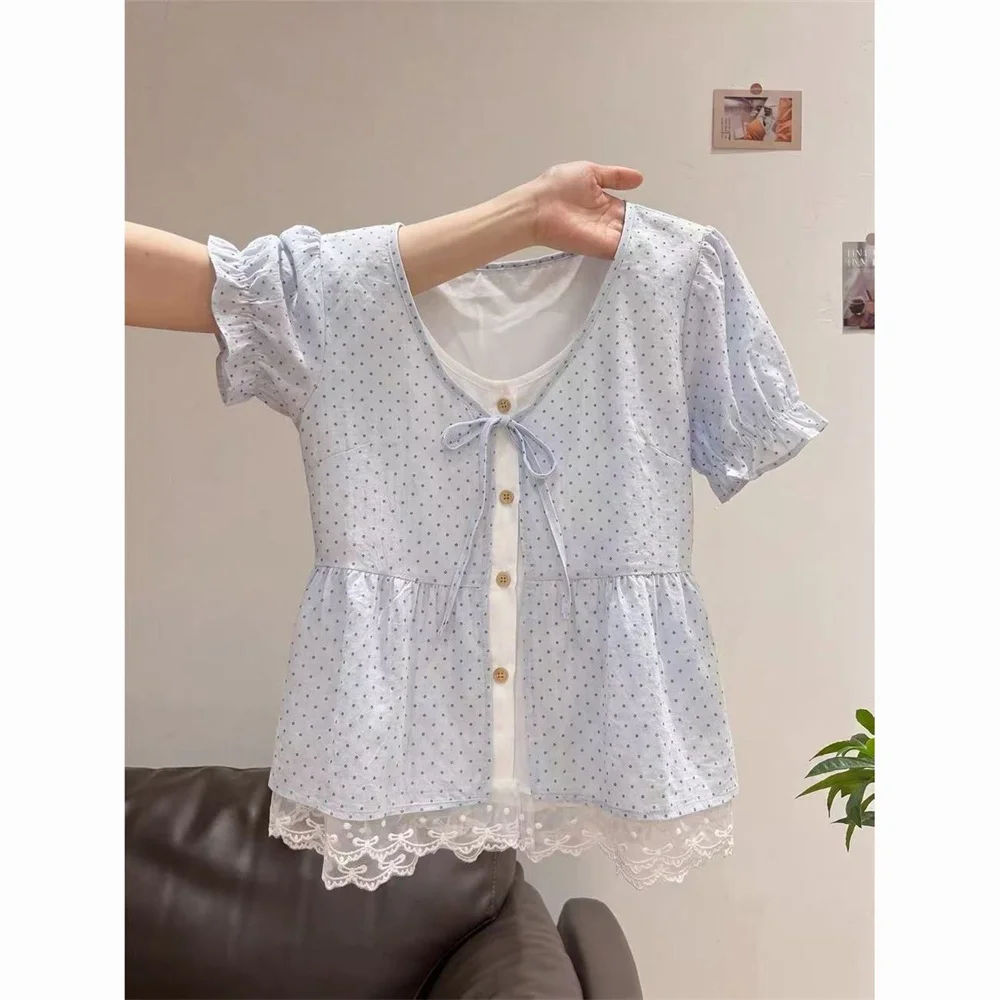 Women Y2k Polka Dot Blouse Short Sleeve Ruffle Tops V Neck Bow Tie Button Up Shirt Summer Cute Sweet Peplut Lace Trim Blusas Top