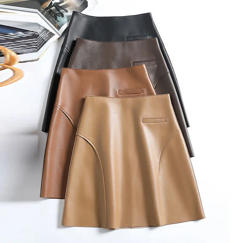 

Autumn Soft PU Leather A-line Short Skirt Temperament Faux Pocket Patchwork All-match Leather Mini Skirt