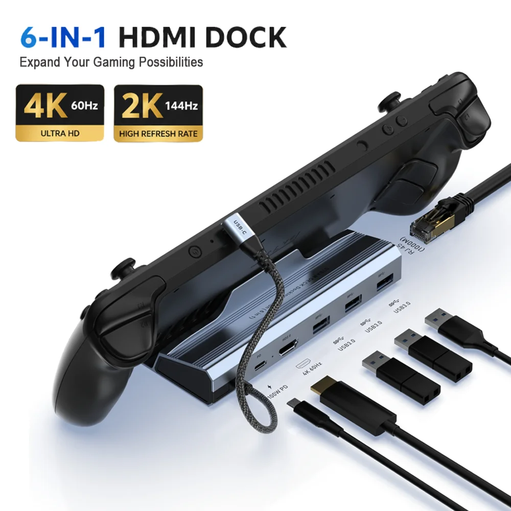 6-in-1 USB-C Hub for Steam Deck and Nintendo Switch 2, 4K@60Hz HDMI, 5Gbps USB-A, 100W PD, Gigabit Ethernet