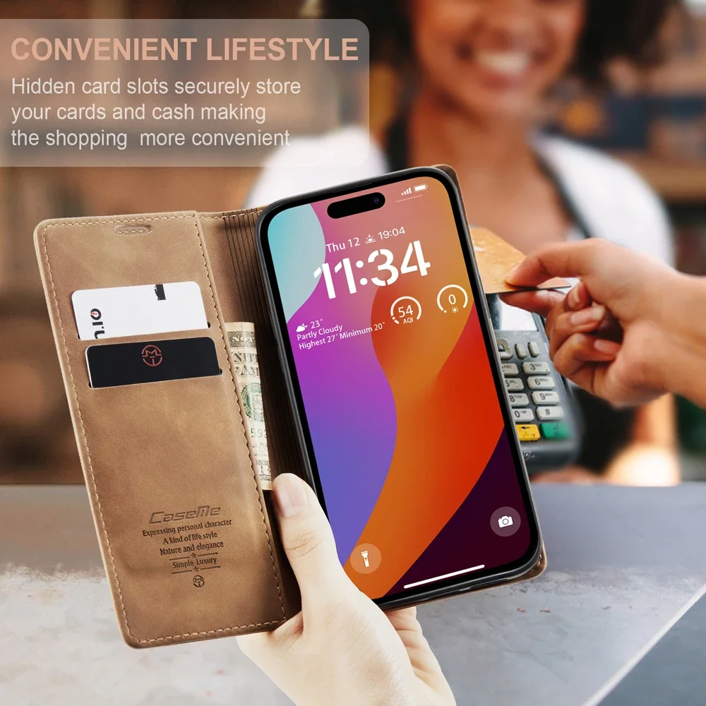 Mobile Phone Flip Case for iPhone 15 14 13 12 Pro Max Magnetic Retro Leather Wallet Card Slot Holder Protect Cover Coque