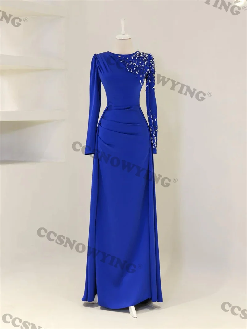 Royal Blue Satin Beaded Hijab Muslim Evening Dresses Islamic Long Sleeve Women Formal Party Gown Arabic Dubai Robes De Soirée