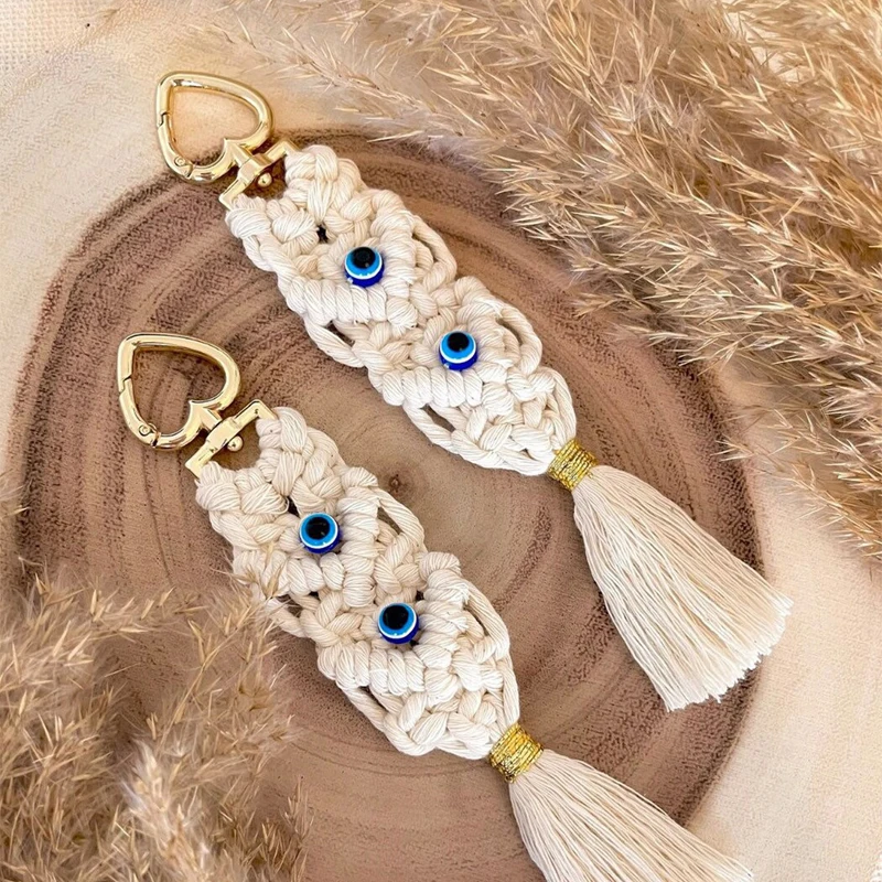 Boho Chic Handmade Woven White Macrame Blue Evil Eye Keychain Handwoven Tassel Keychain Perfect for Car Keys Wallets Bags