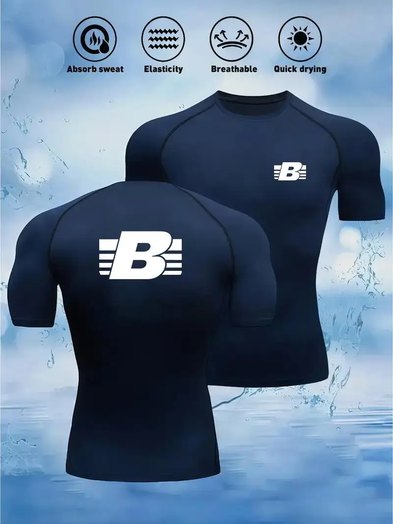 

Men‘s Compression Letter B print Running T-shirt Fitness Tight shirt Sleeve Sport Shirts Training Jogging Tops Gym Sportswear