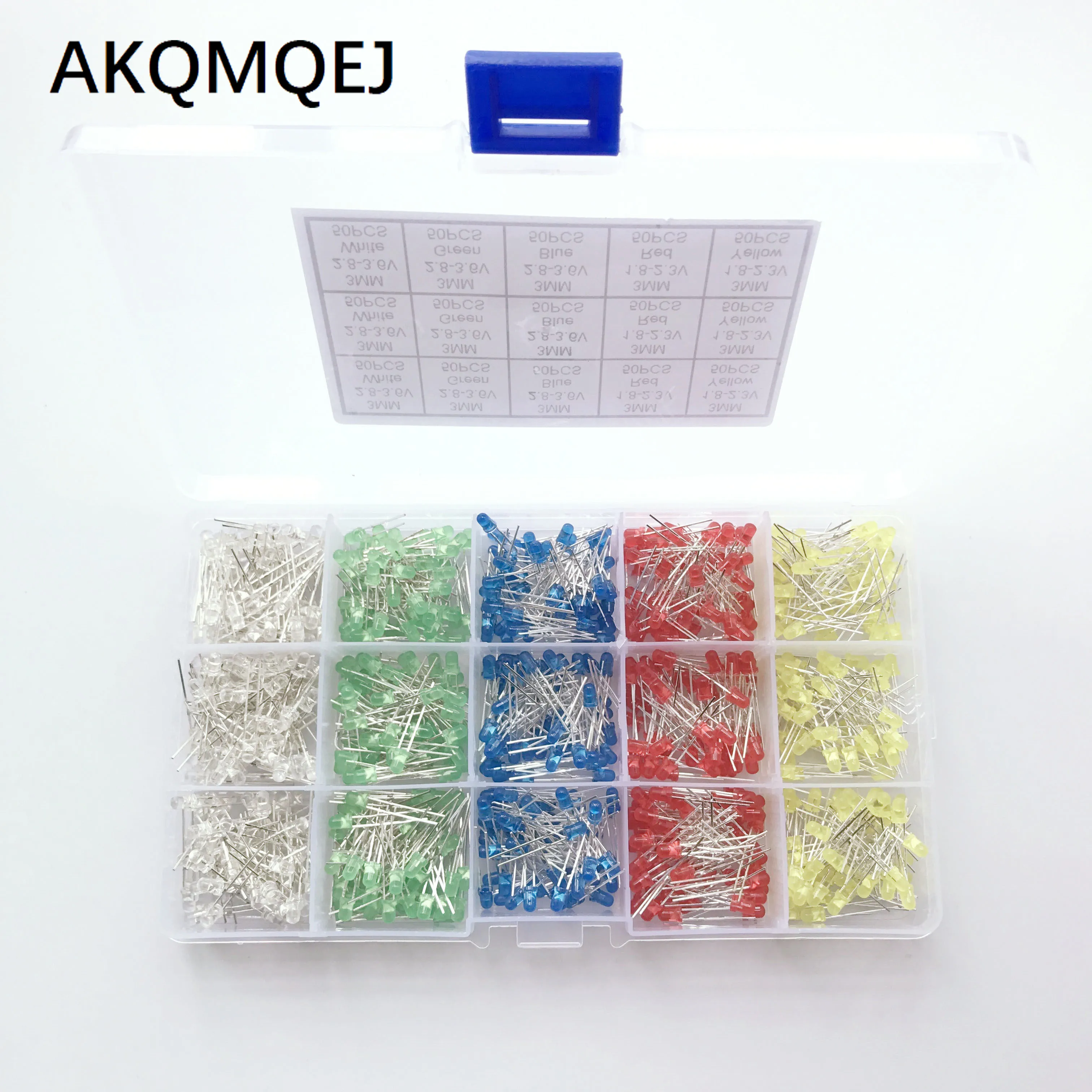 1000 3MM LED light emitting diodes with 200 short pin sample boxes in red, yellow, blue, green, and white respectively