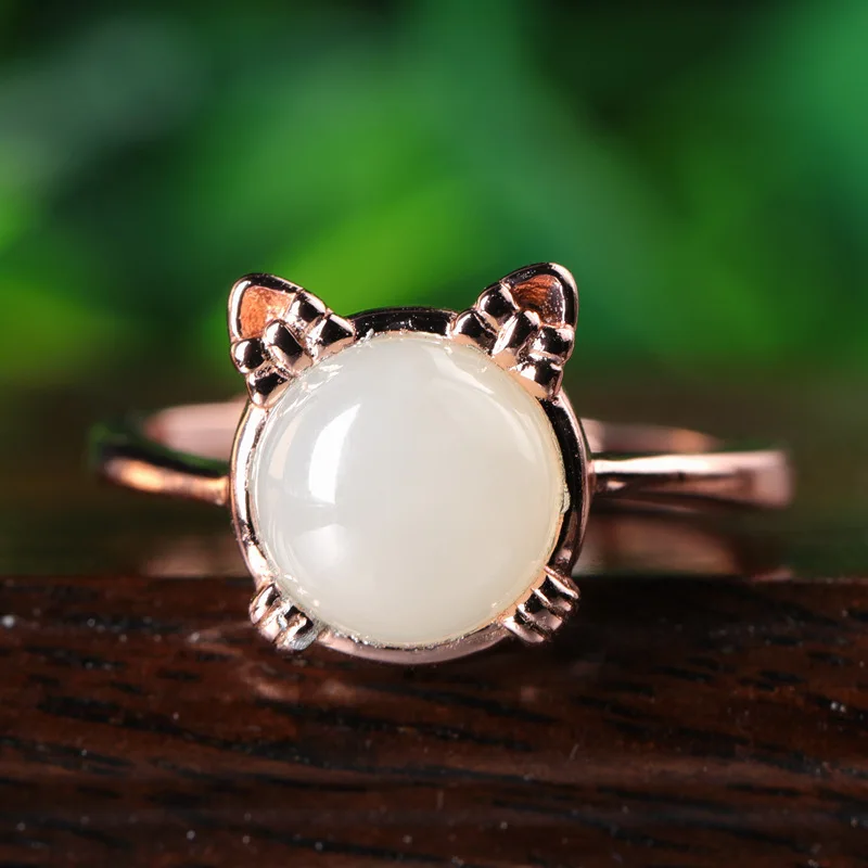 

BR 925 Pure Rose Gold Plated Open Ring with White Jade, Cute Cat-Shaped Lustrous Hetian Jade Ring, Ideal Gift