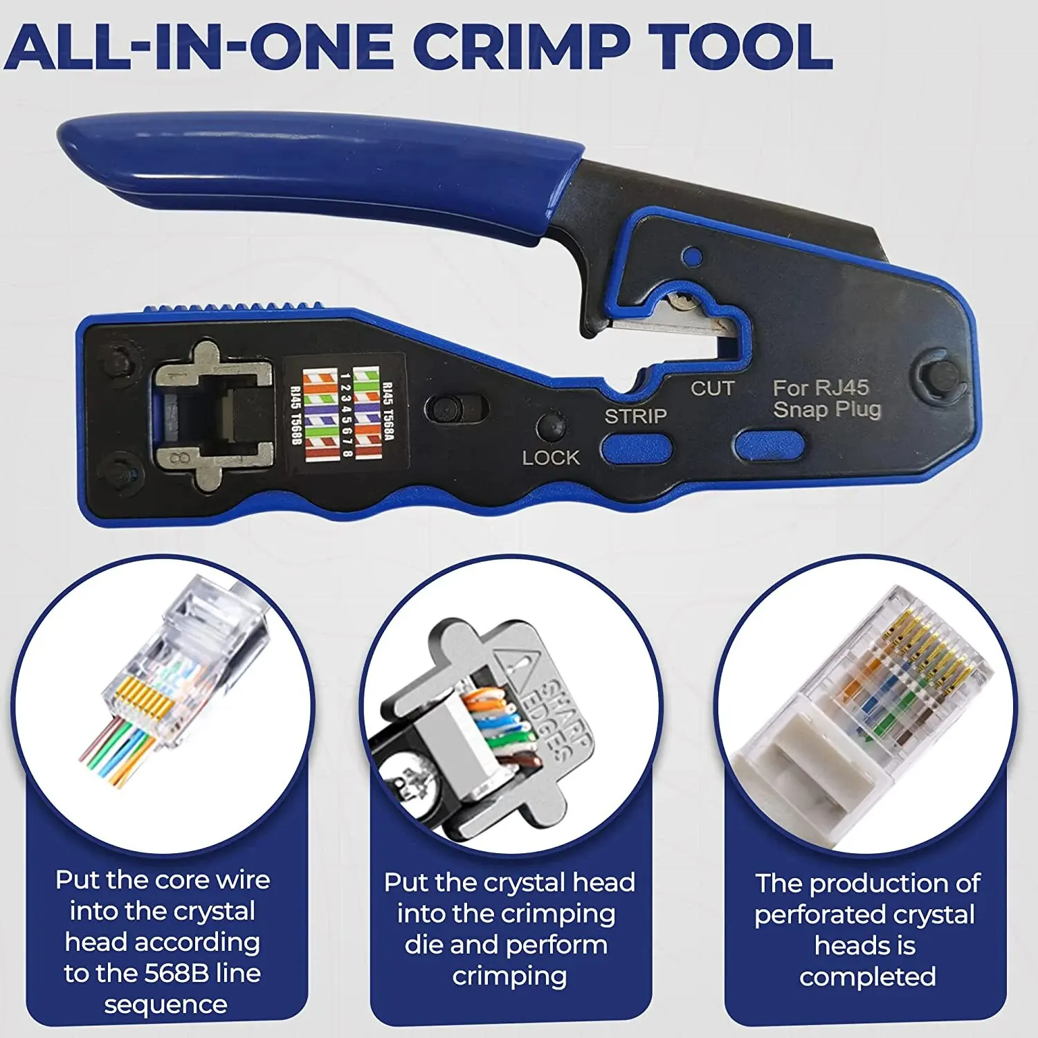 RJ45 Crimp Tool Pass Through Crimper Cutter for Cat6a Cat6 Cat5 Cat5e 8P8C Modular Connector Ethernet All-in-one Wire Tool