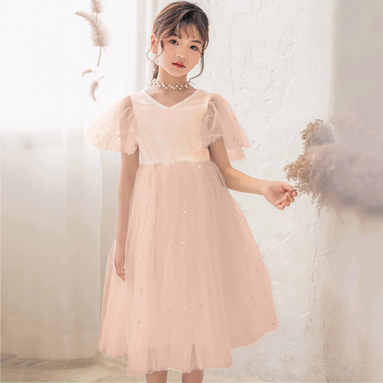 Kids Girls Tulle Princess Dresses Elegant Long Style Star Prints Casual Summer Party Dress Children Birthday Party Costume 2-14Y