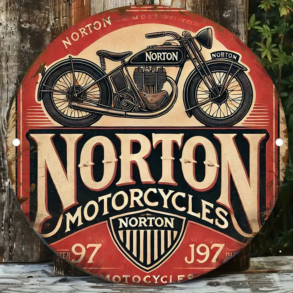 Logotipo circular de madeira para motocicleta NORTON retrô 2D plano 1 peça - arte de parede retrô com texto "NORTON Motorcycle", adequado para garagens