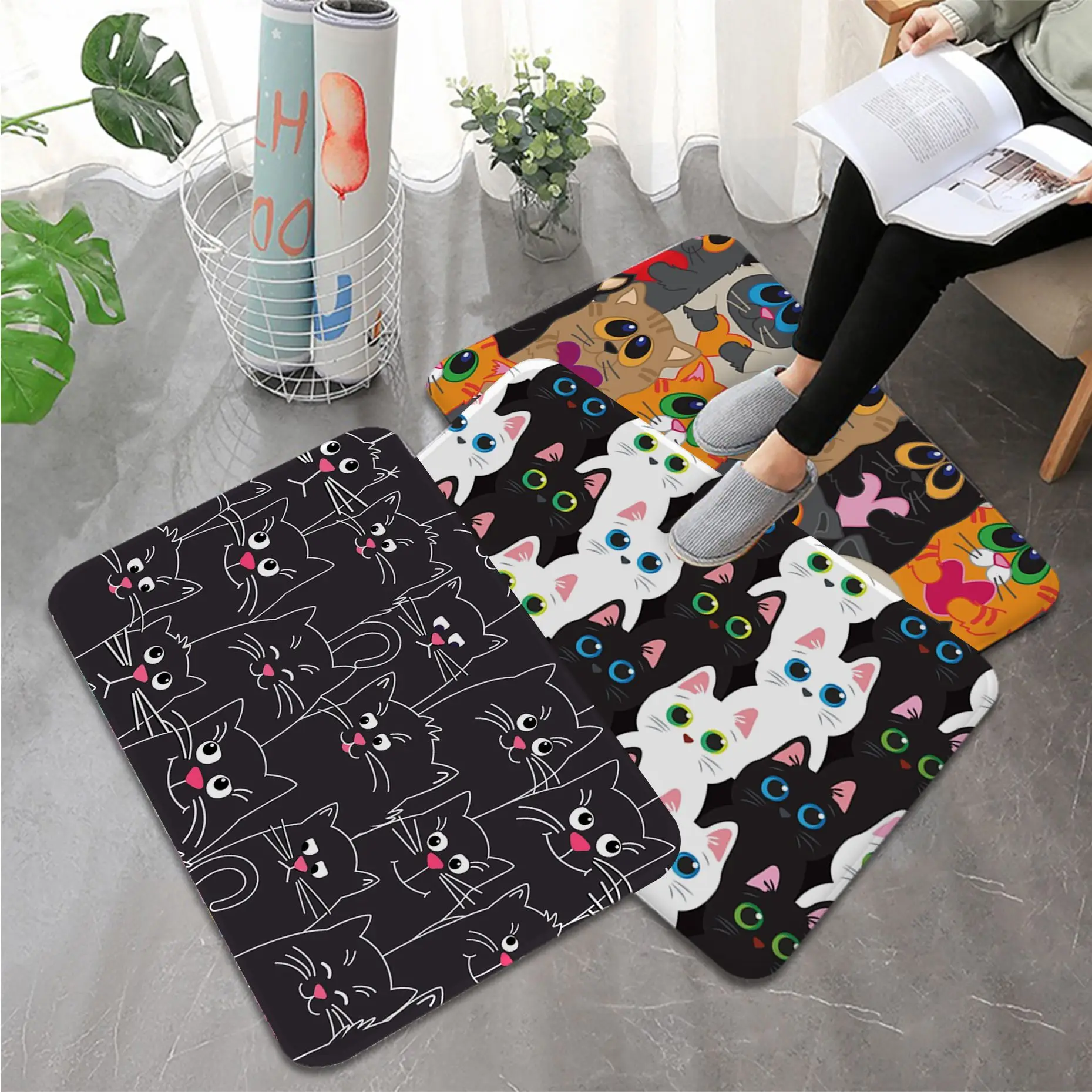 

Cartoon Cat Printed Flannel Floor Mat Bathroom Decor Carpet Non-Slip For Living Room Kitchen Bath Mats Doormat