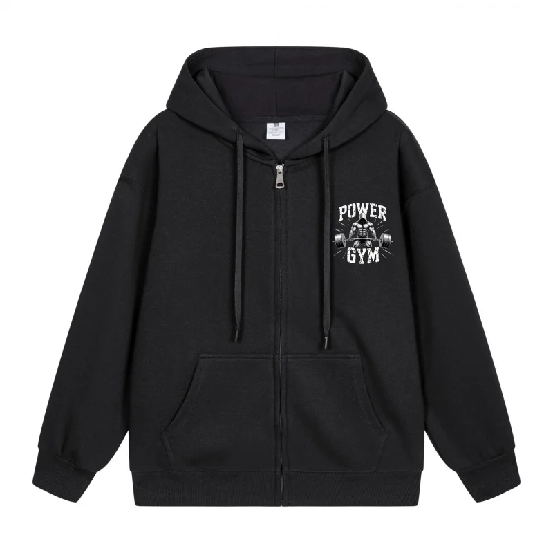 

Men's Zip-Up Hoodie Power Gym Logo On Front 2025 New Style Casual Couples’ Style Casual and Loose