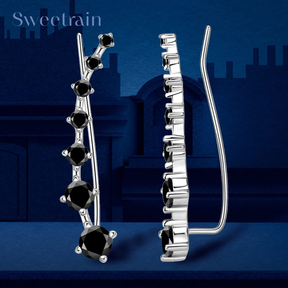 Sweetrain Black Moissanite Earrings 925 Silver Original Certified 7 Stone Ear Cuffs Full Row Diamond Earring For Women Jewelry