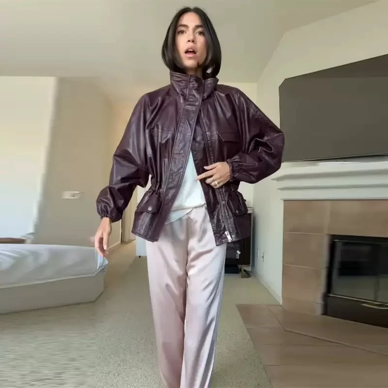 

Винтажная красная байкерская куртка с поясом на талии и воротником-стойкой, осенняя модная верхняя одежда для молодых женщин