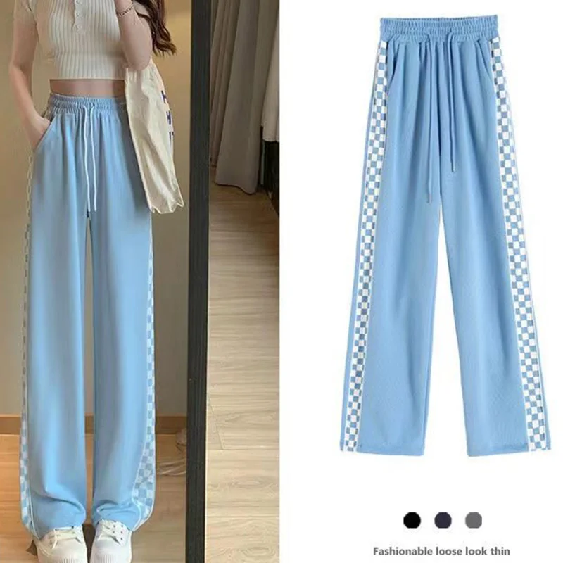 Summer Thin Ice Floss Pockets Drape Wide Leg Pants All-match Side Splice Checkerboard Drawstring Loose Straight Womens Trousers