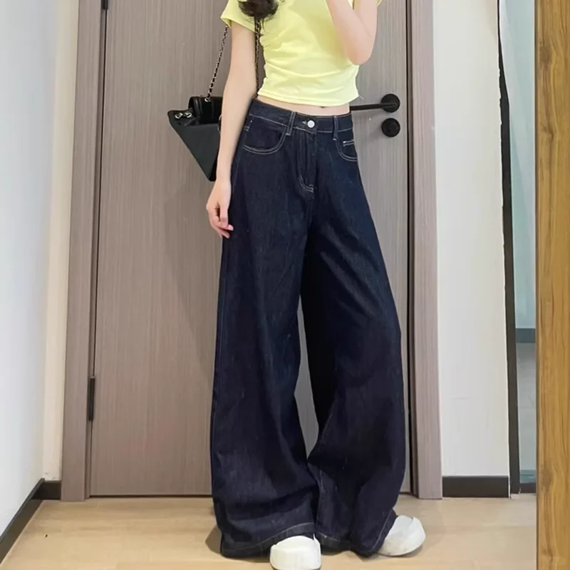 

Dark Blue American Denim Pants Urban Ladies Loose Fall Lazy High Quality Pants High-waisted Button Straight Pants 2025 Pockets